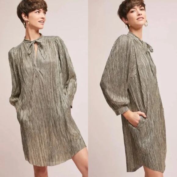 Anthropologie Sabina Musayev XS Gold Agatha Tie Neck Metallic Dress Long Sleeve - Picture 13 of 13